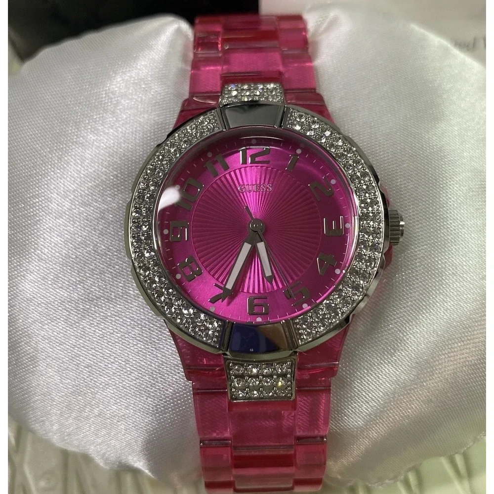 GUESS Women's U95198L3 Pink Plastic Strap Quartz Watch with Pink Dial Bezels EUC